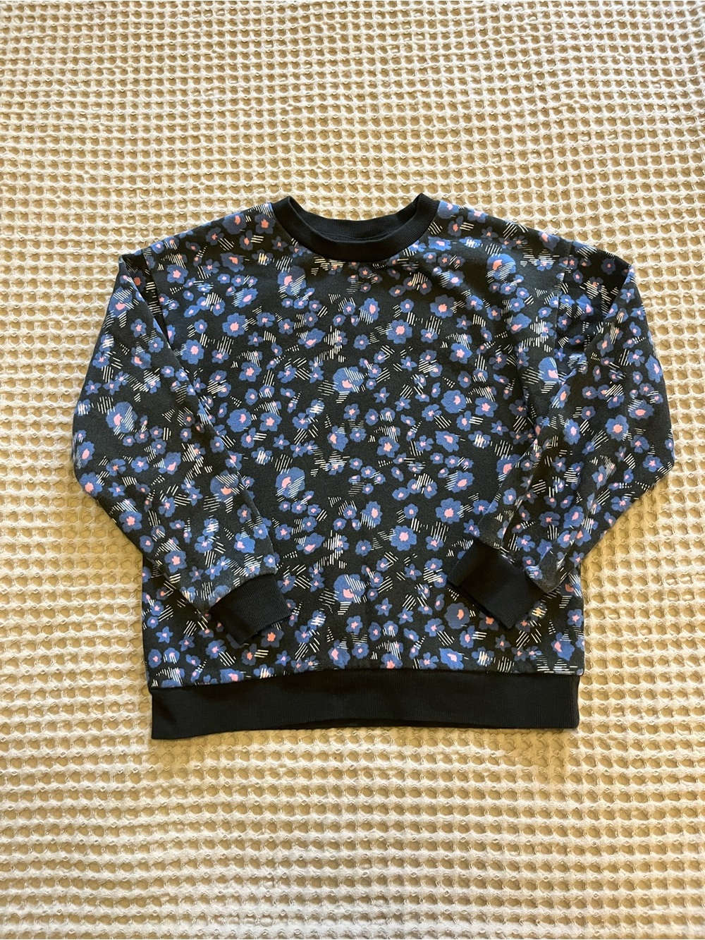 5 for $20 Joe Fresh Black Crewneck Sweater with Blue and Pink Floral Print